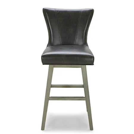 Casual Upholstered Bar Stool with Splayed Legs and Metal Kickplate